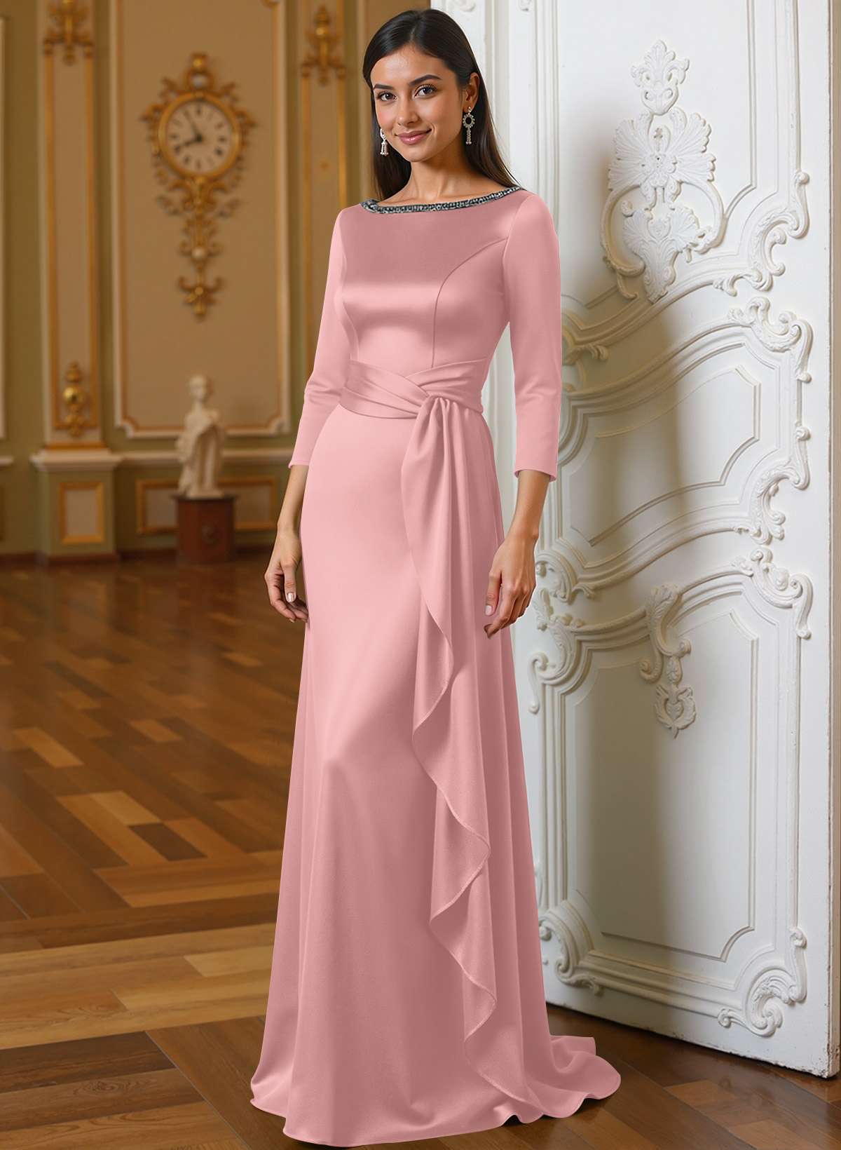 A-Line Scoop Neck 3/4 Sleeves Floor-Length Acetate Satin Mother Of The Bride Dresses