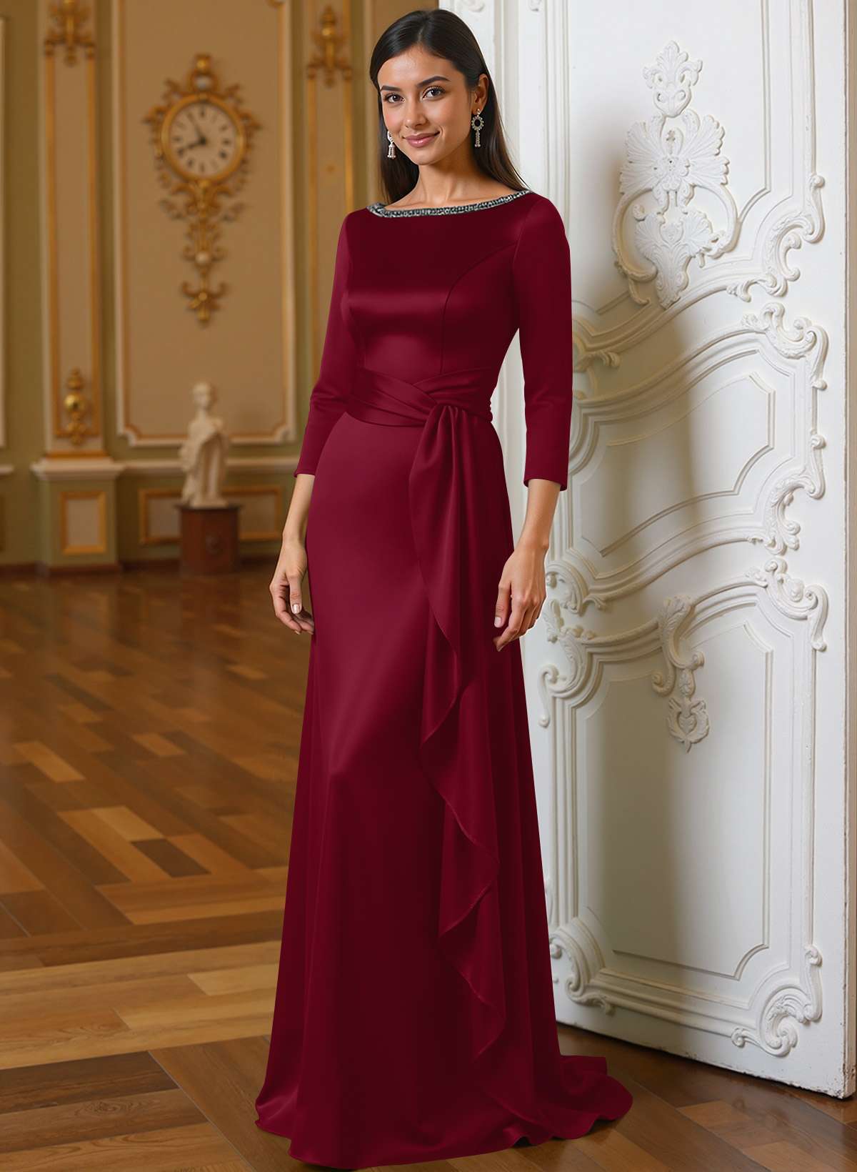 A-Line Scoop Neck 3/4 Sleeves Floor-Length Acetate Satin Mother Of The Bride Dresses
