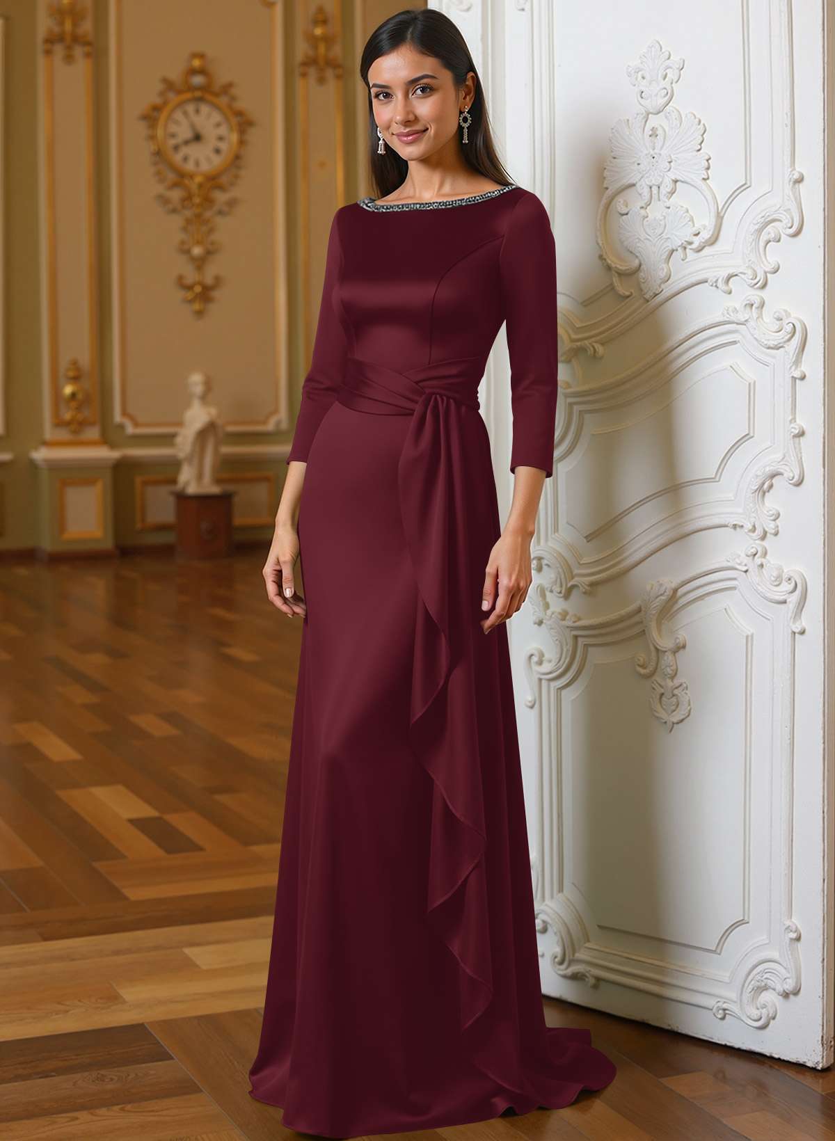 A-Line Scoop Neck 3/4 Sleeves Floor-Length Acetate Satin Mother Of The Bride Dresses