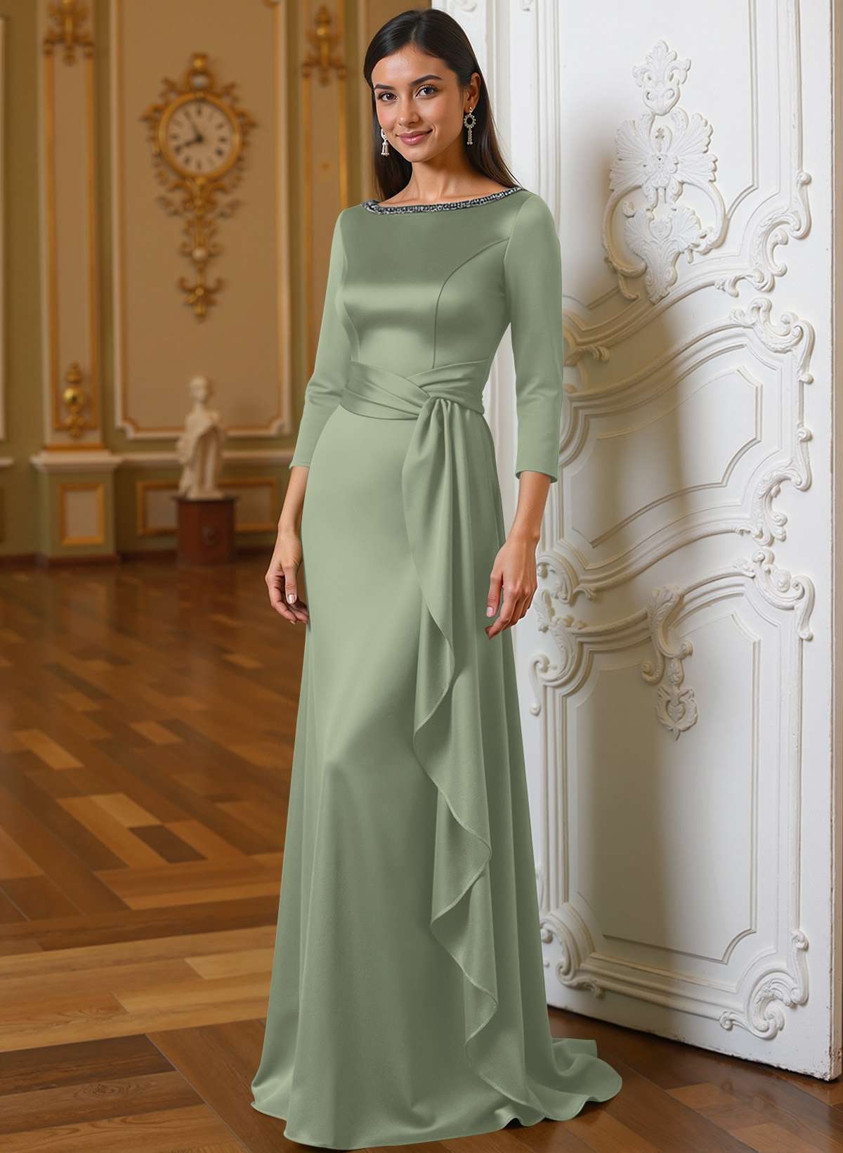 A-Line Scoop Neck 3/4 Sleeves Floor-Length Acetate Satin Mother Of The Bride Dresses