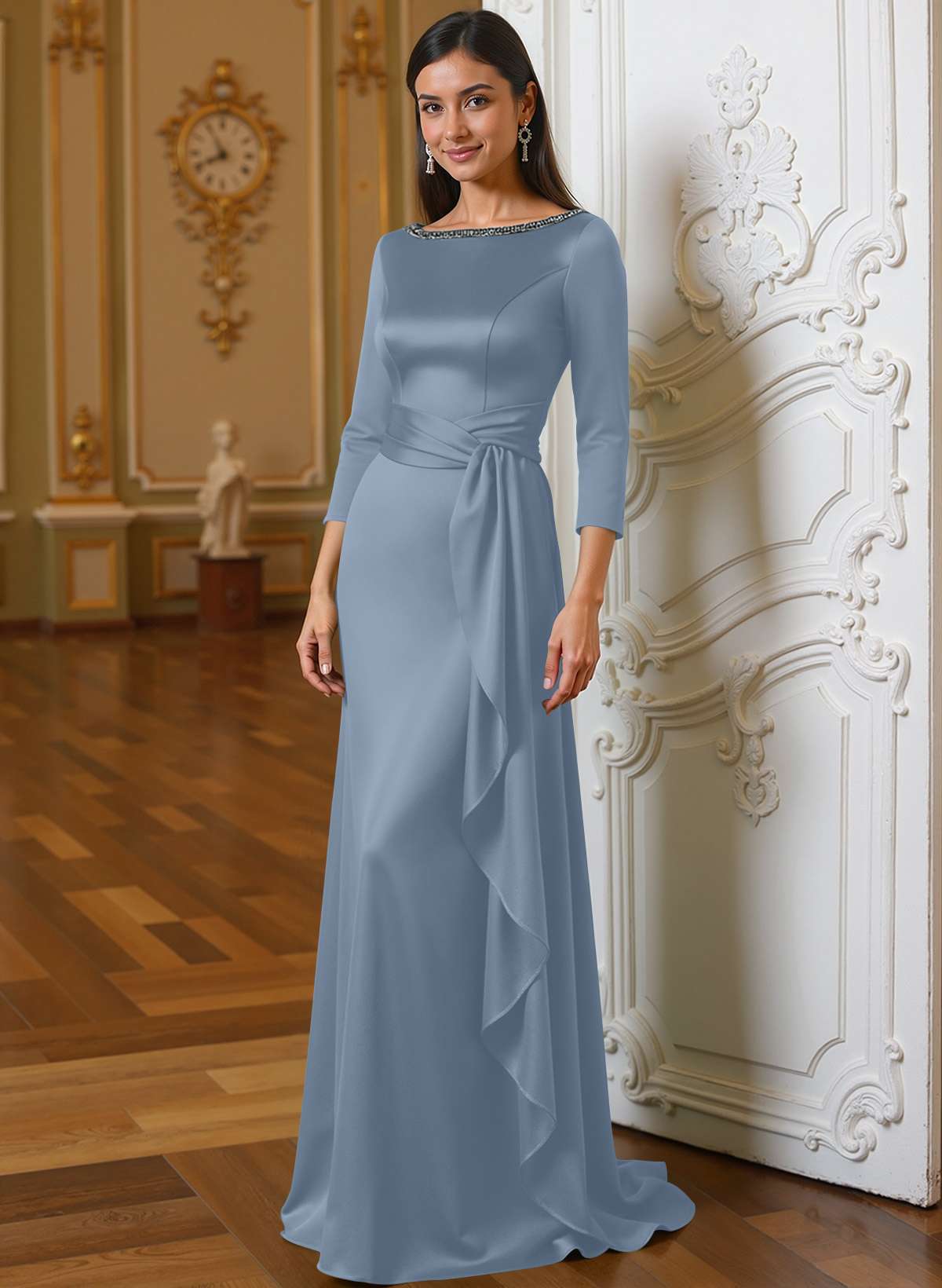 A-Line Scoop Neck 3/4 Sleeves Floor-Length Acetate Satin Mother Of The Bride Dresses