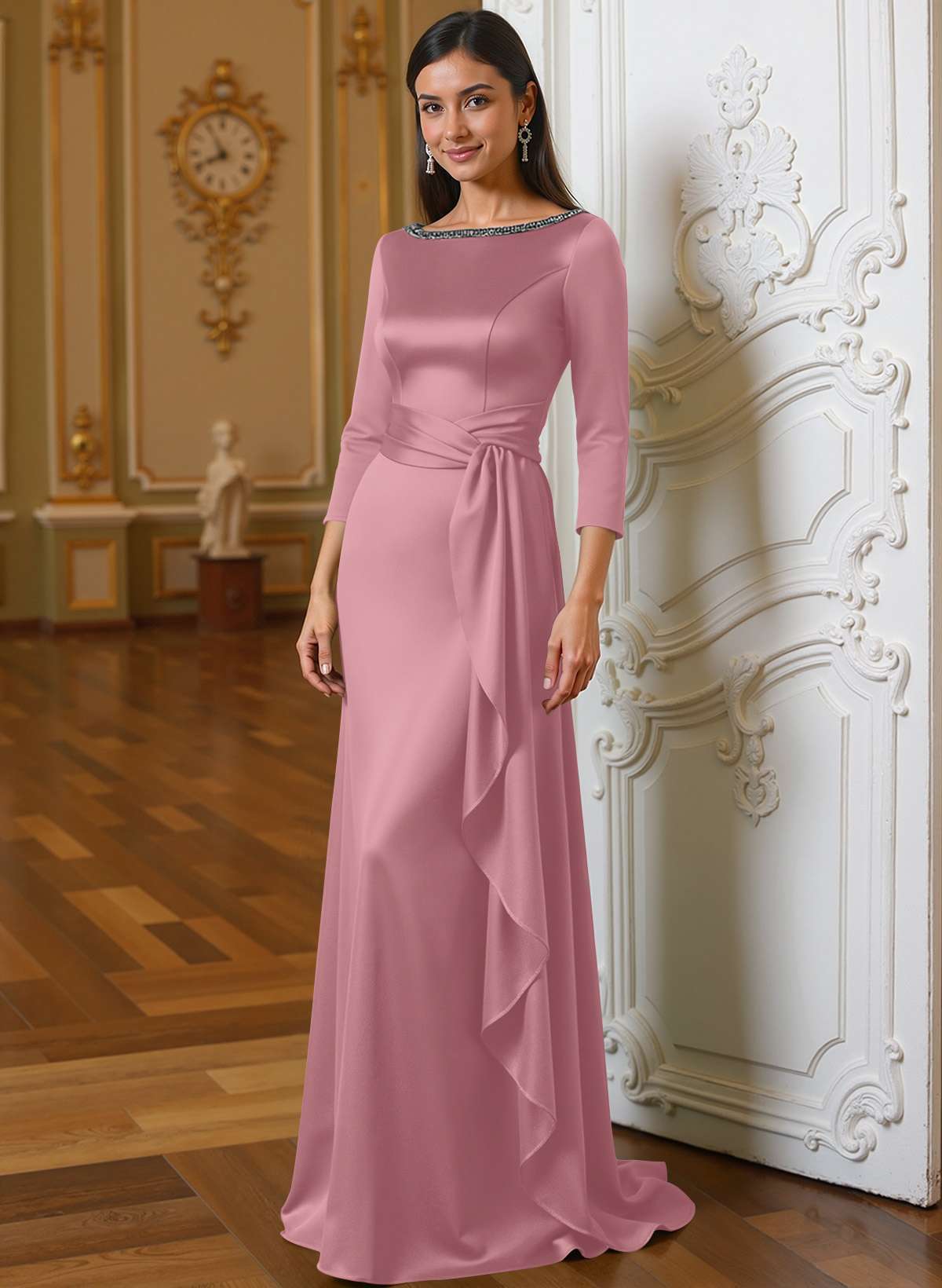 A-Line Scoop Neck 3/4 Sleeves Floor-Length Acetate Satin Mother Of The Bride Dresses