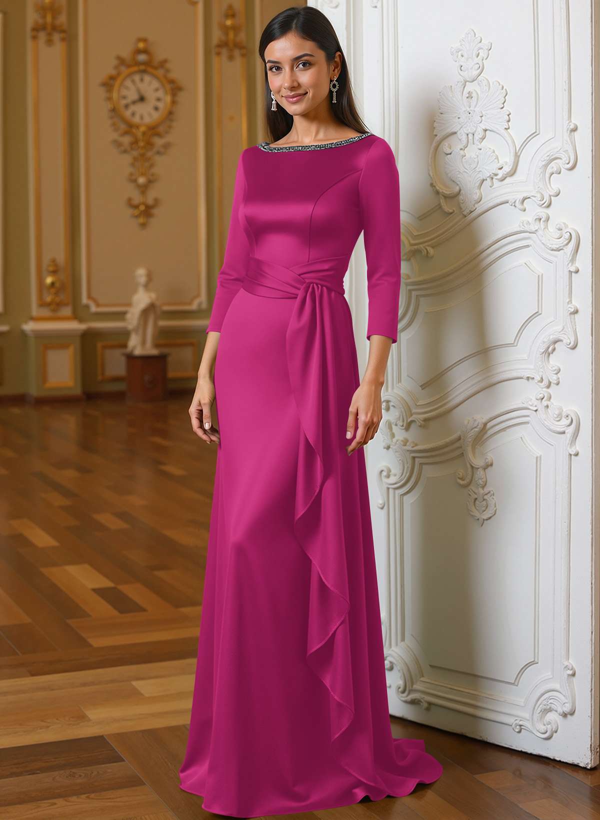 A-Line Scoop Neck 3/4 Sleeves Floor-Length Acetate Satin Mother Of The Bride Dresses