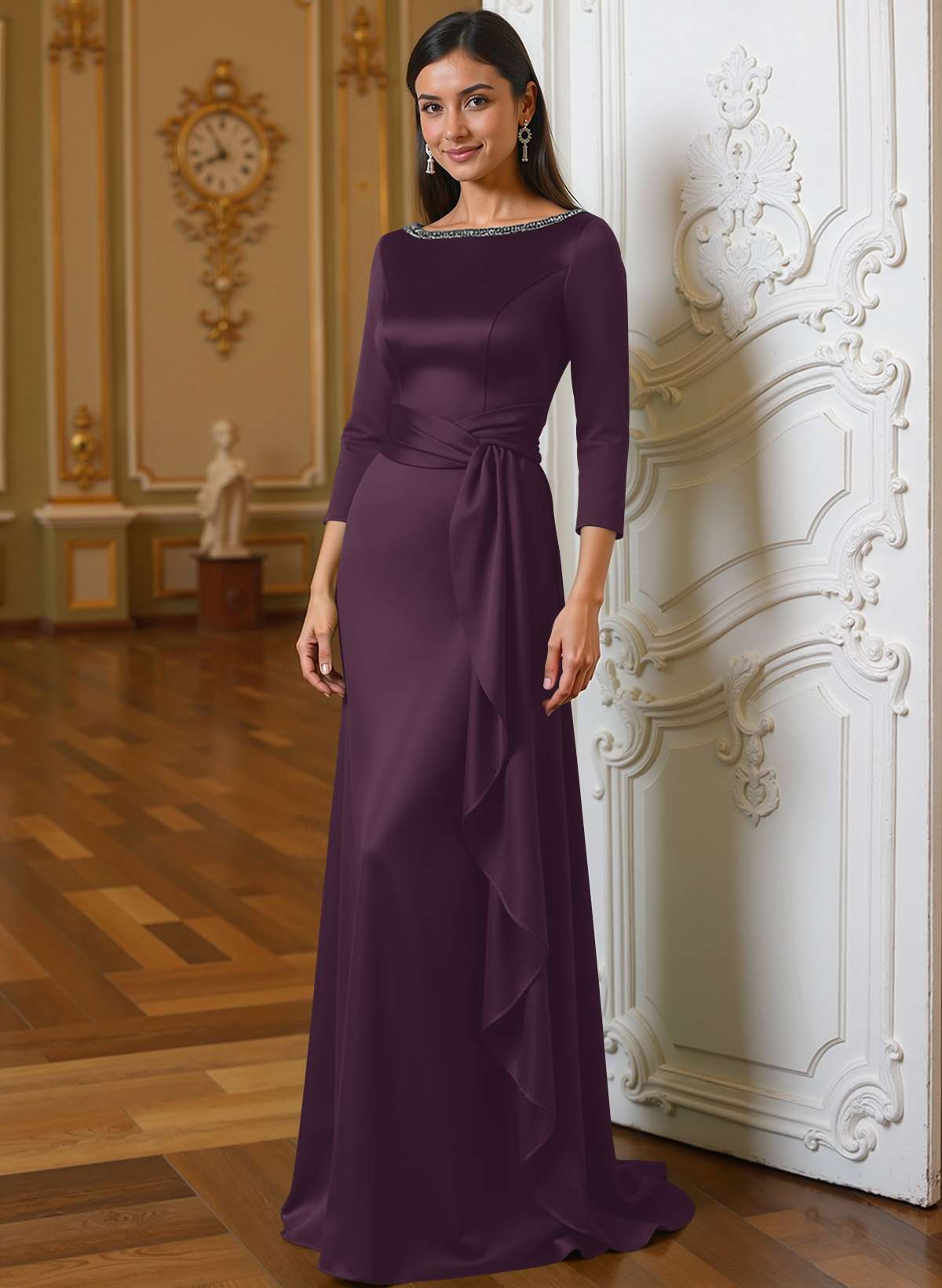A-Line Scoop Neck 3/4 Sleeves Floor-Length Acetate Satin Mother Of The Bride Dresses