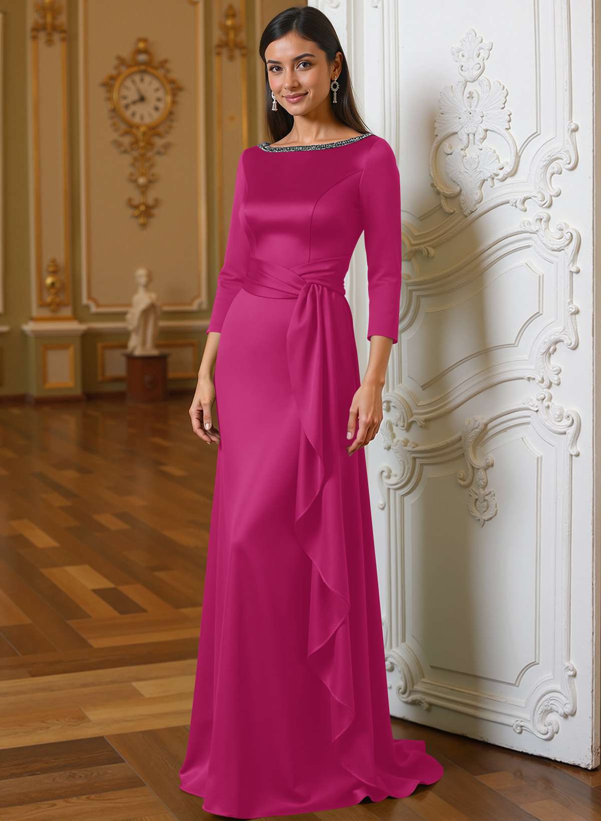 A-Line Scoop Neck 3/4 Sleeves Floor-Length Acetate Satin Mother Of The Bride Dresses