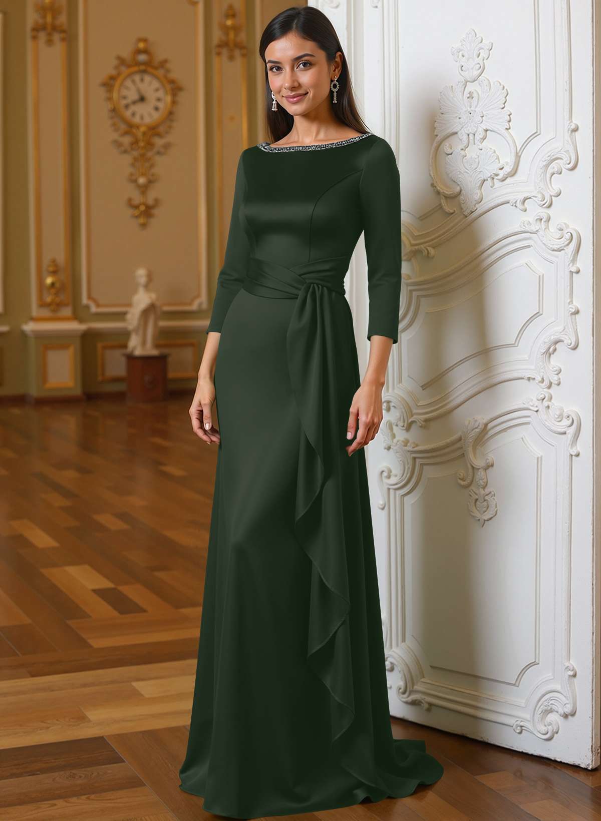 A-Line Scoop Neck 3/4 Sleeves Floor-Length Acetate Satin Mother Of The Bride Dresses