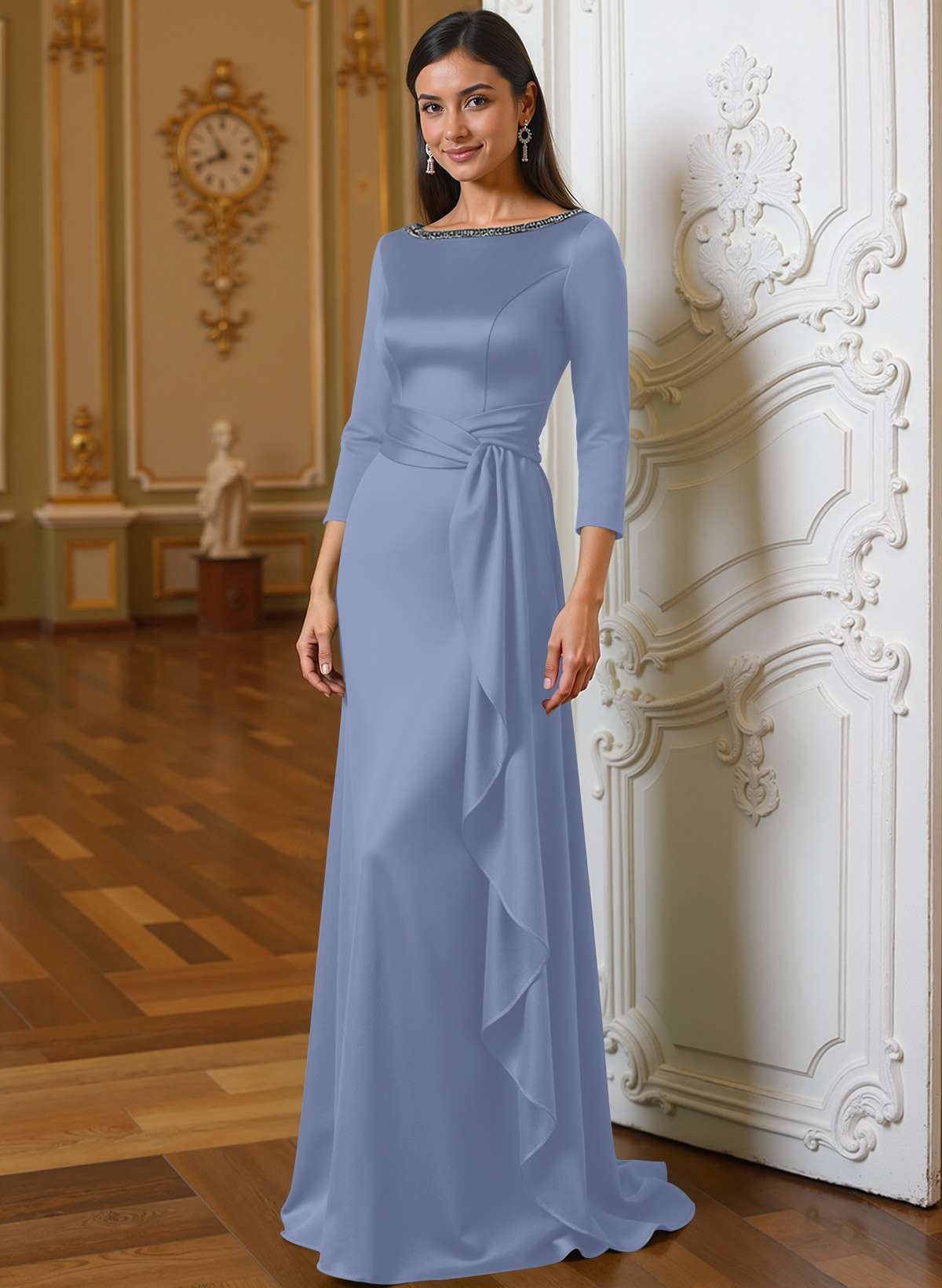 A-Line Scoop Neck 3/4 Sleeves Floor-Length Acetate Satin Mother Of The Bride Dresses