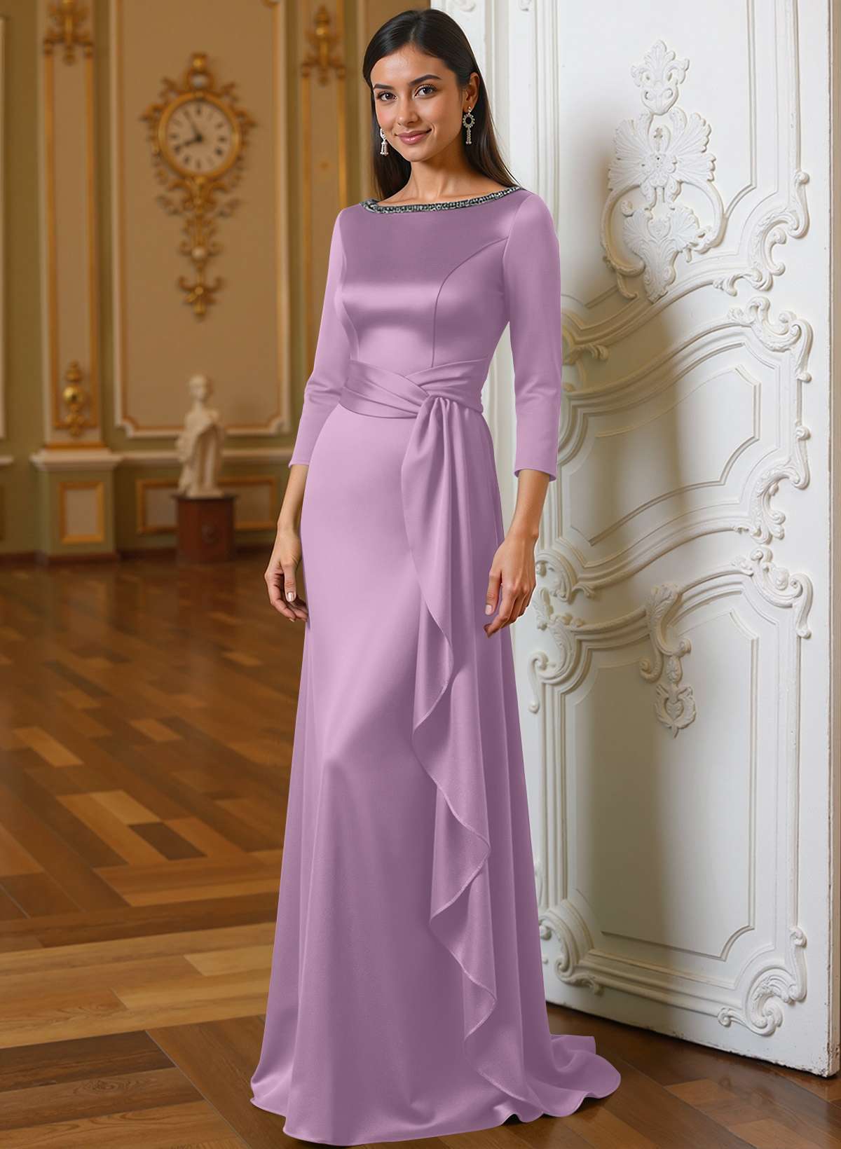 A-Line Scoop Neck 3/4 Sleeves Floor-Length Acetate Satin Mother Of The Bride Dresses