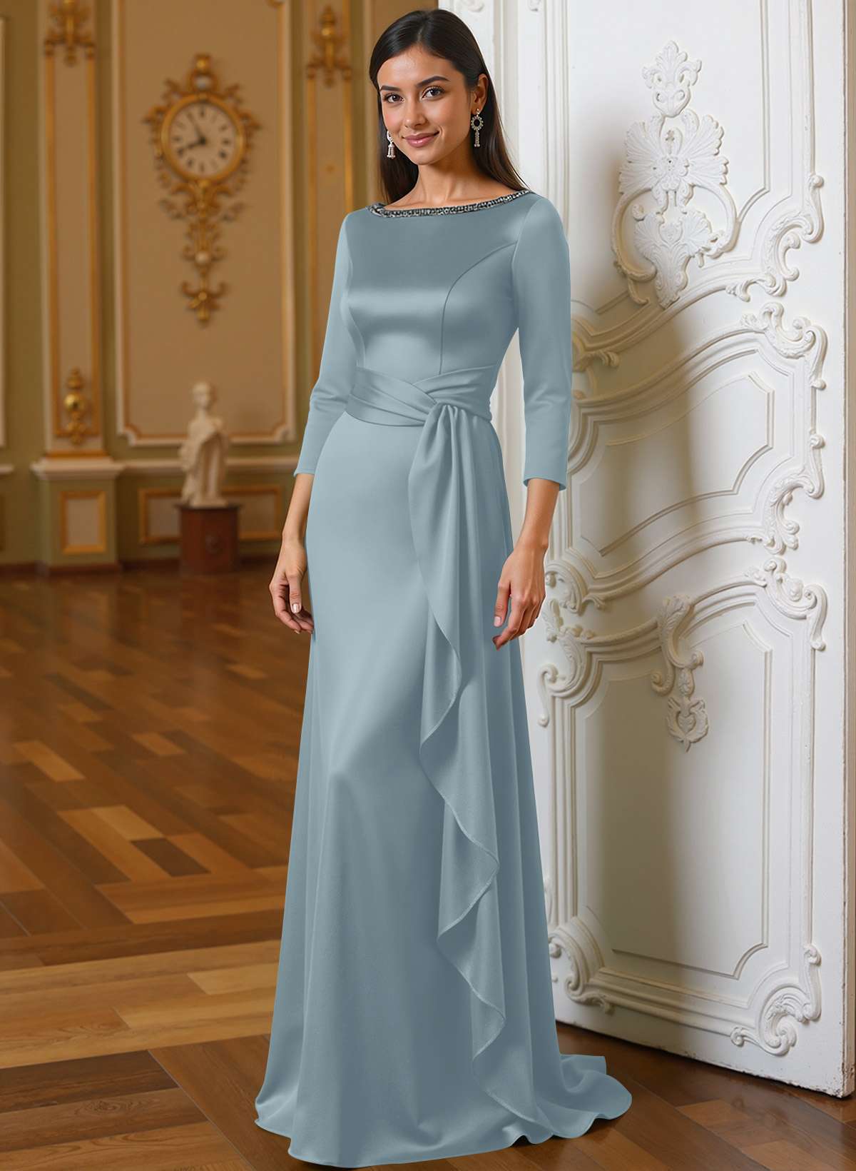 A-Line Scoop Neck 3/4 Sleeves Floor-Length Acetate Satin Mother Of The Bride Dresses