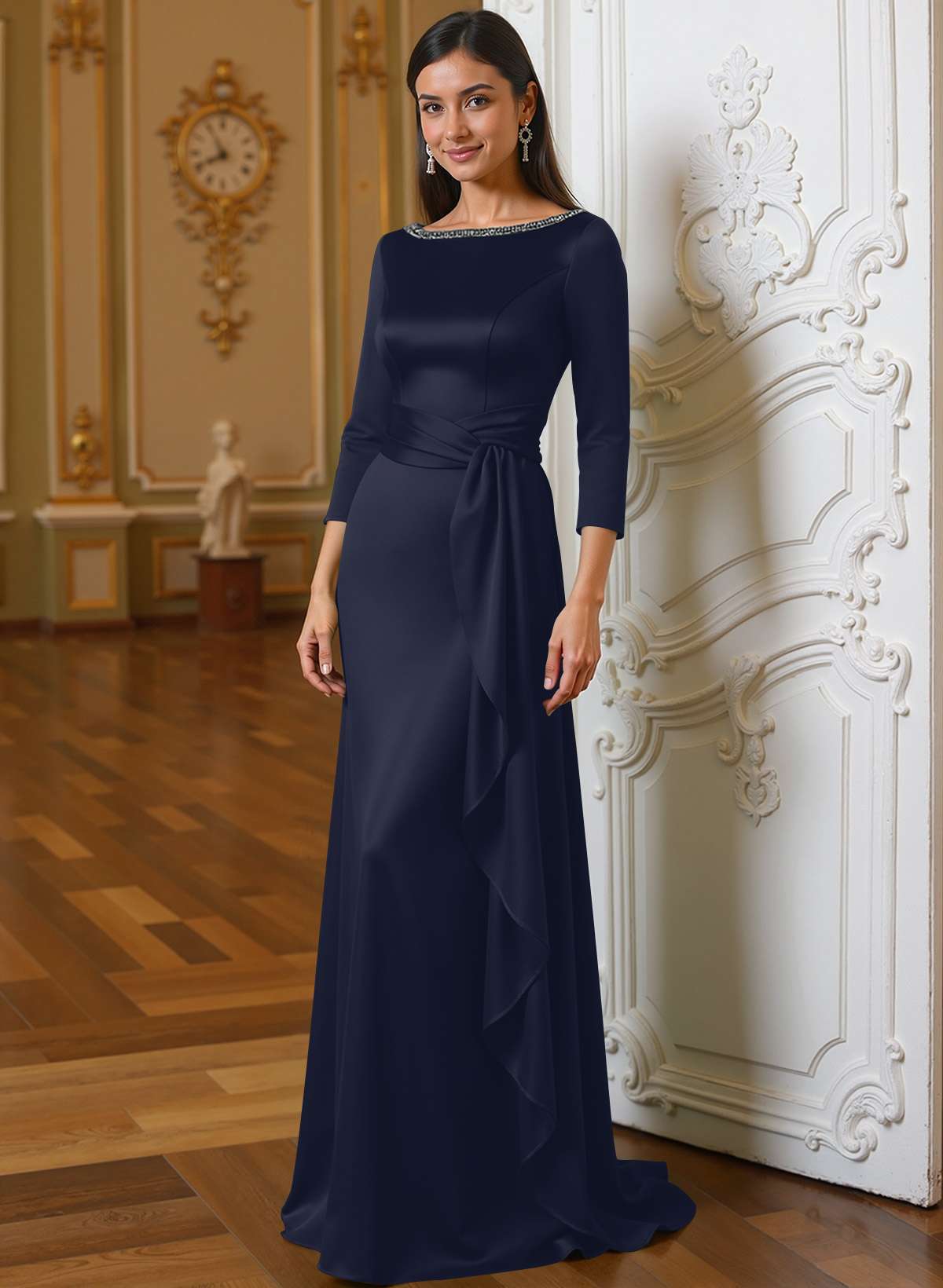 A-Line Scoop Neck 3/4 Sleeves Floor-Length Acetate Satin Mother Of The Bride Dresses