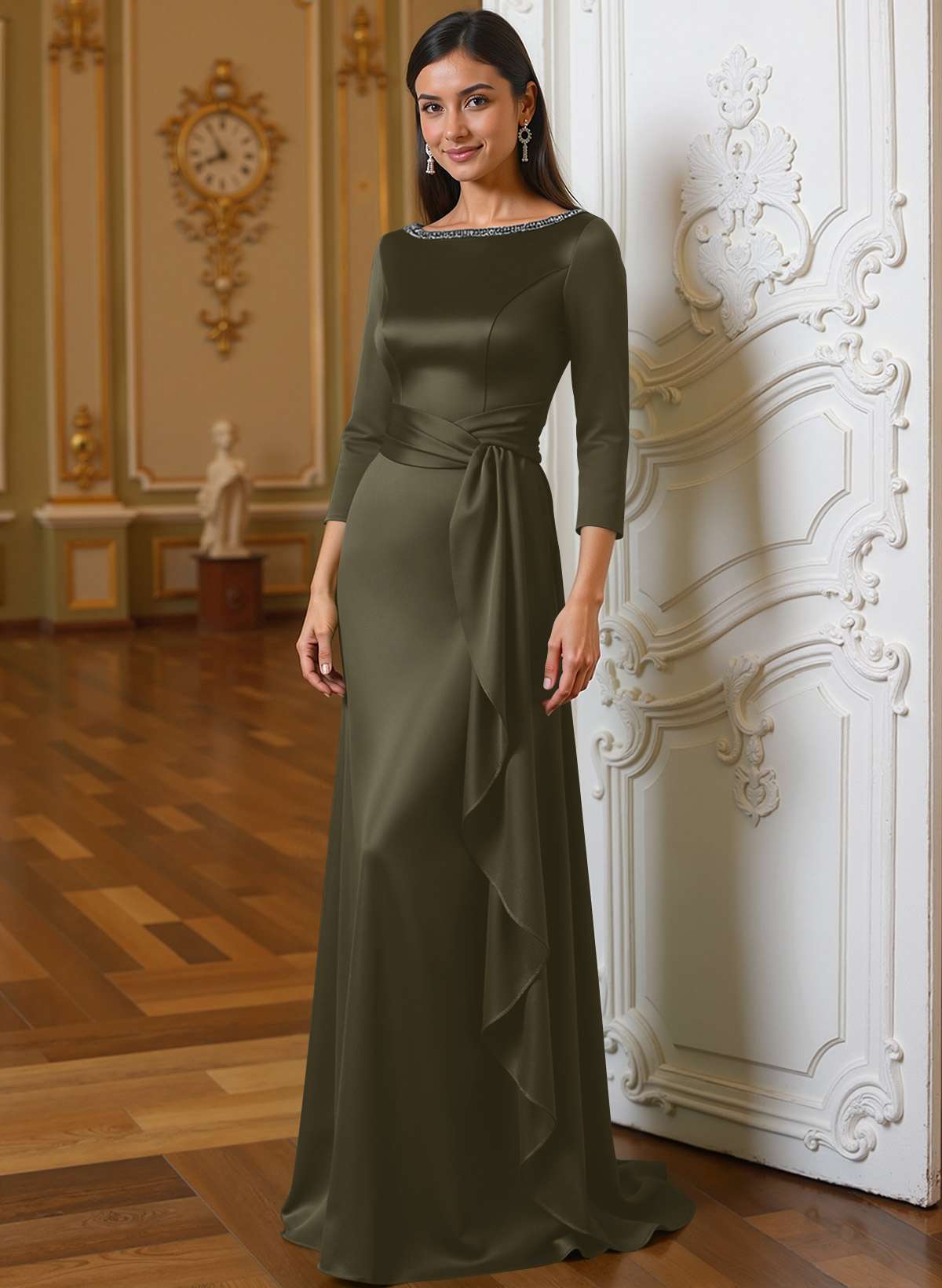 A-Line Scoop Neck 3/4 Sleeves Floor-Length Acetate Satin Mother Of The Bride Dresses