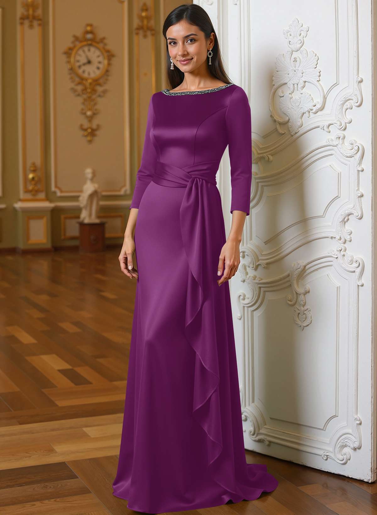 A-Line Scoop Neck 3/4 Sleeves Floor-Length Acetate Satin Mother Of The Bride Dresses