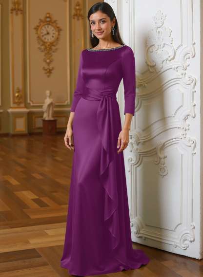 A-Line Scoop Neck 3/4 Sleeves Floor-Length Acetate Satin Mother Of The Bride Dresses