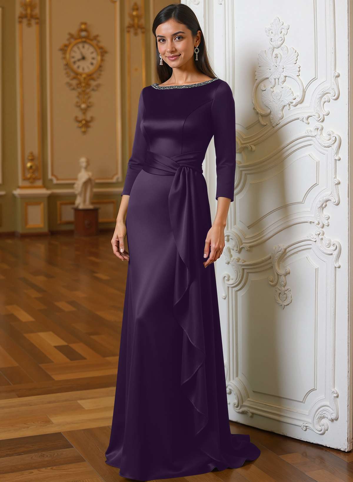 A-Line Scoop Neck 3/4 Sleeves Floor-Length Acetate Satin Mother Of The Bride Dresses