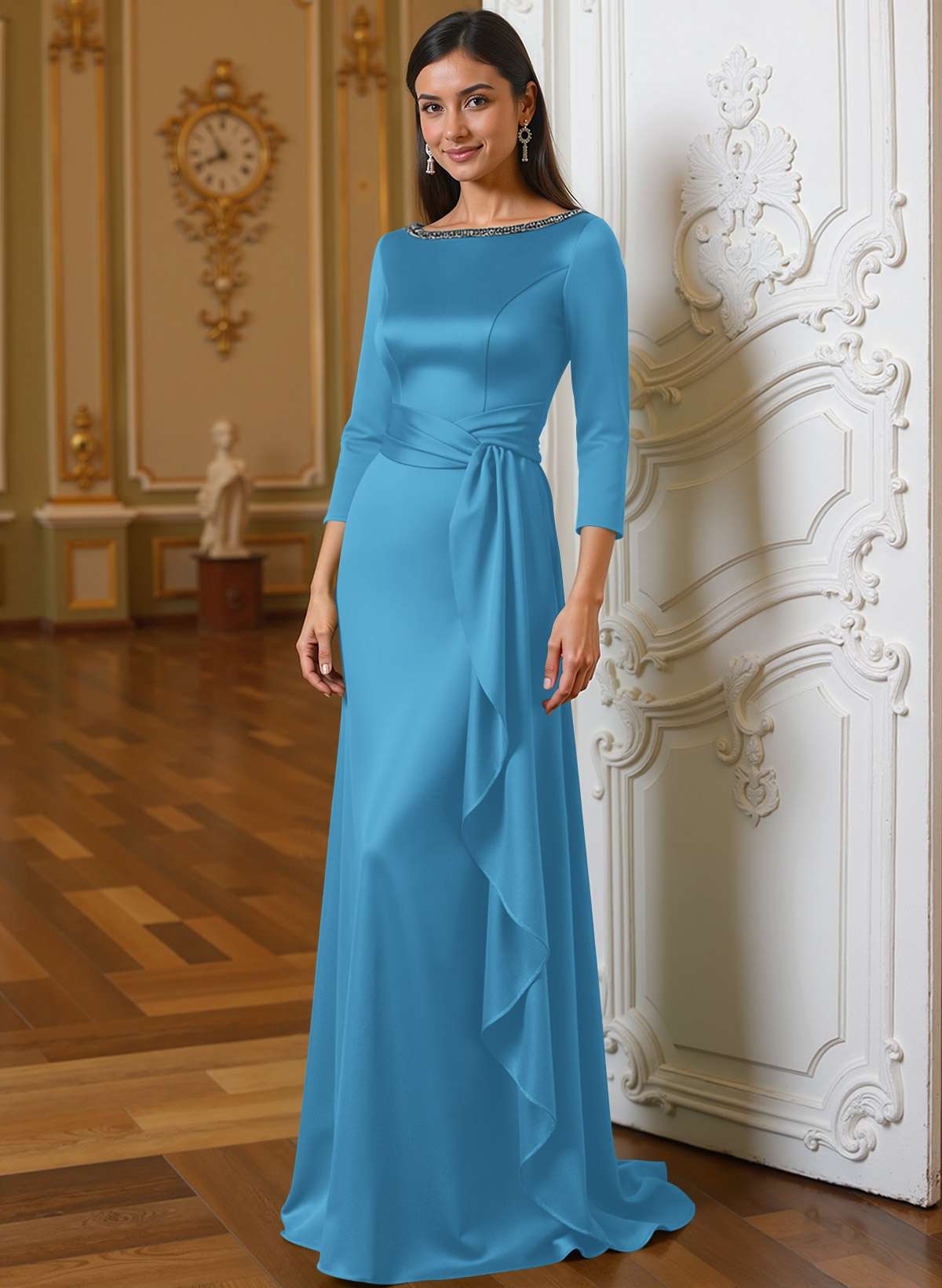 A-Line Scoop Neck 3/4 Sleeves Floor-Length Acetate Satin Mother Of The Bride Dresses