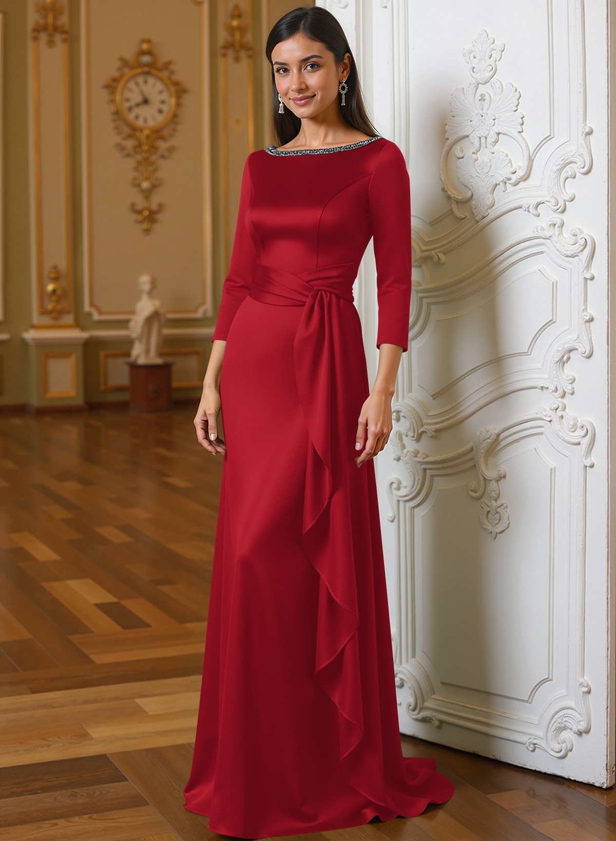 A-Line Scoop Neck 3/4 Sleeves Floor-Length Acetate Satin Mother Of The Bride Dresses