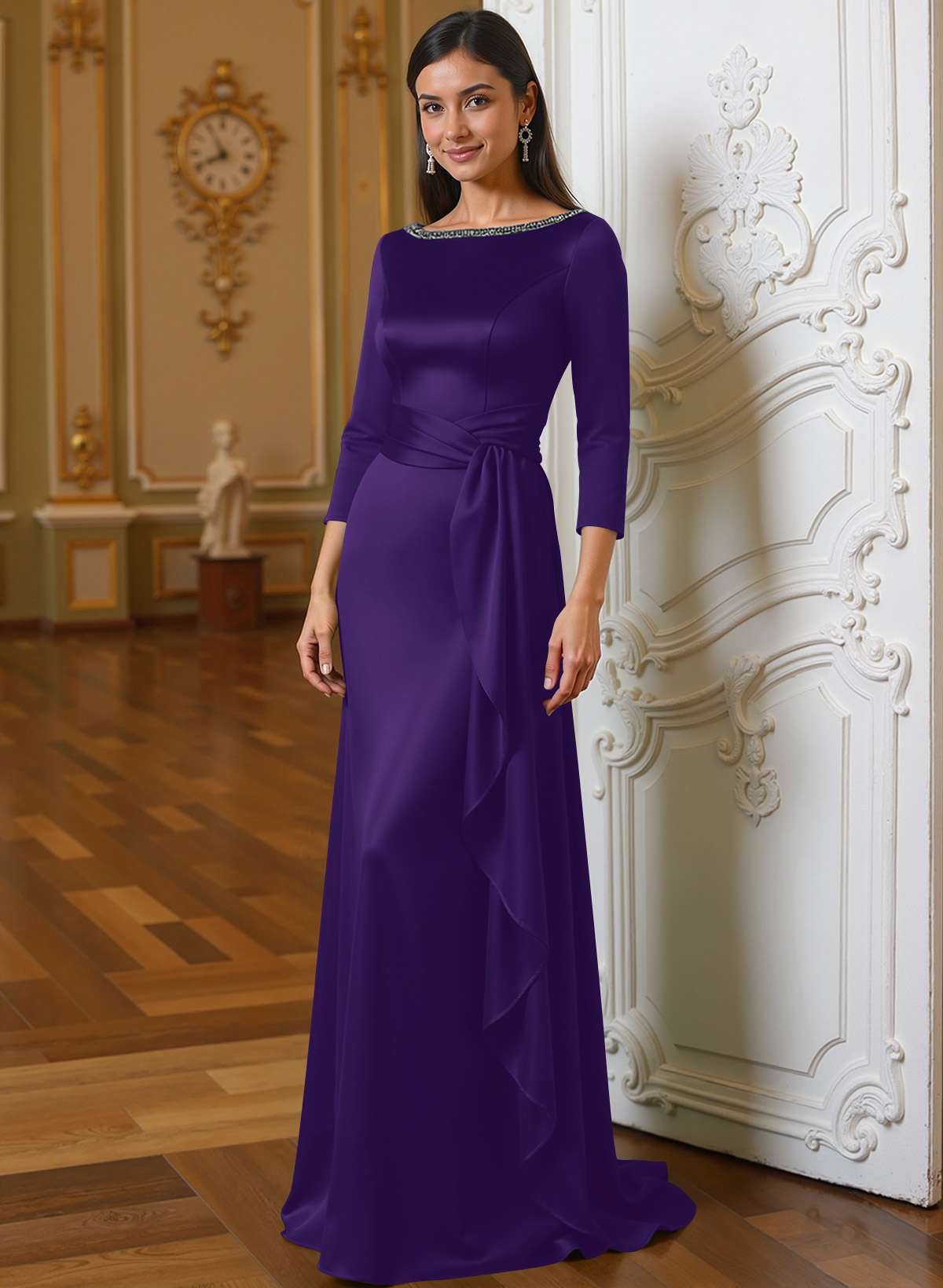 A-Line Scoop Neck 3/4 Sleeves Floor-Length Acetate Satin Mother Of The Bride Dresses