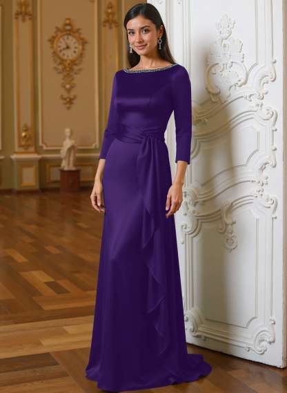 A-Line Scoop Neck 3/4 Sleeves Floor-Length Acetate Satin Mother Of The Bride Dresses