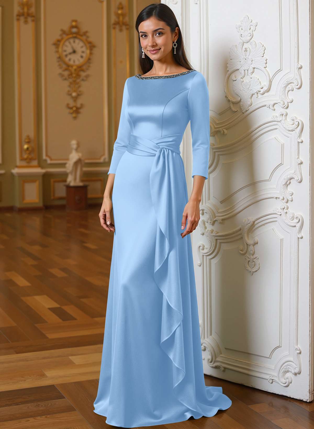 A-Line Scoop Neck 3/4 Sleeves Floor-Length Acetate Satin Mother Of The Bride Dresses