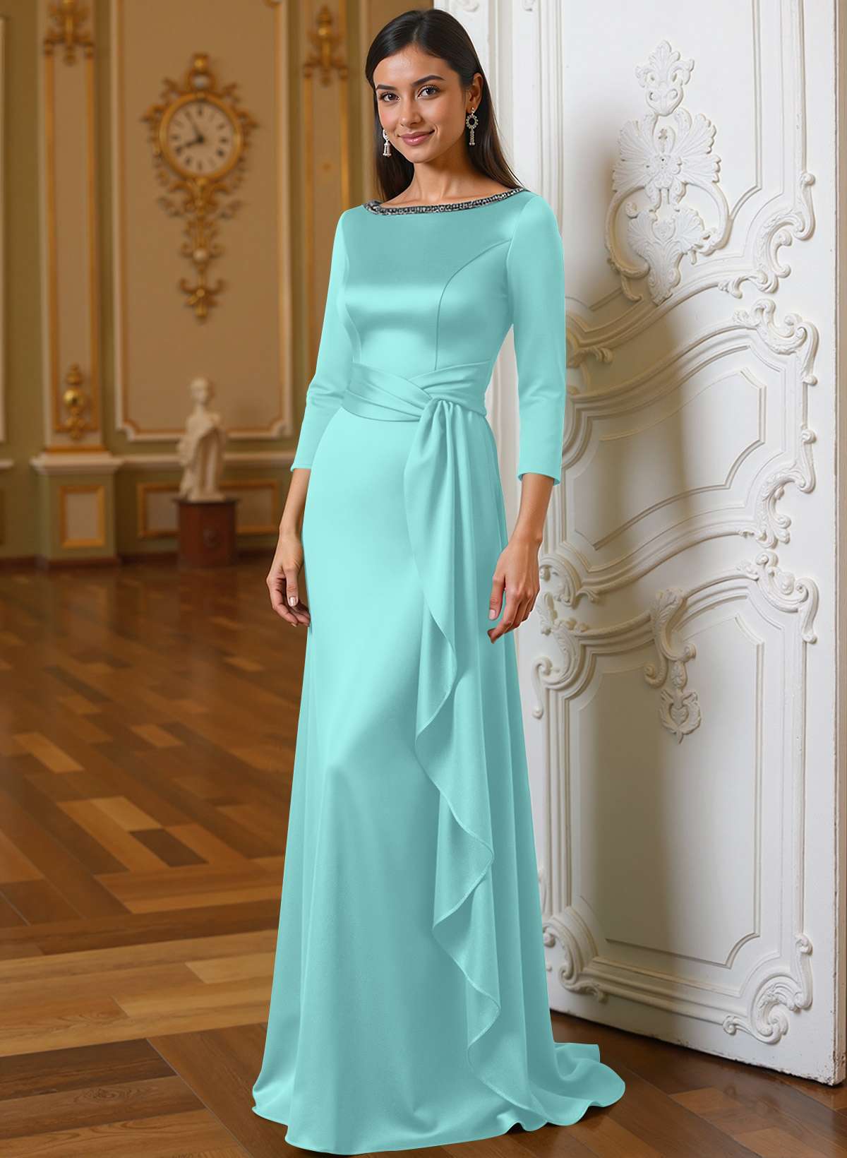 A-Line Scoop Neck 3/4 Sleeves Floor-Length Acetate Satin Mother Of The Bride Dresses