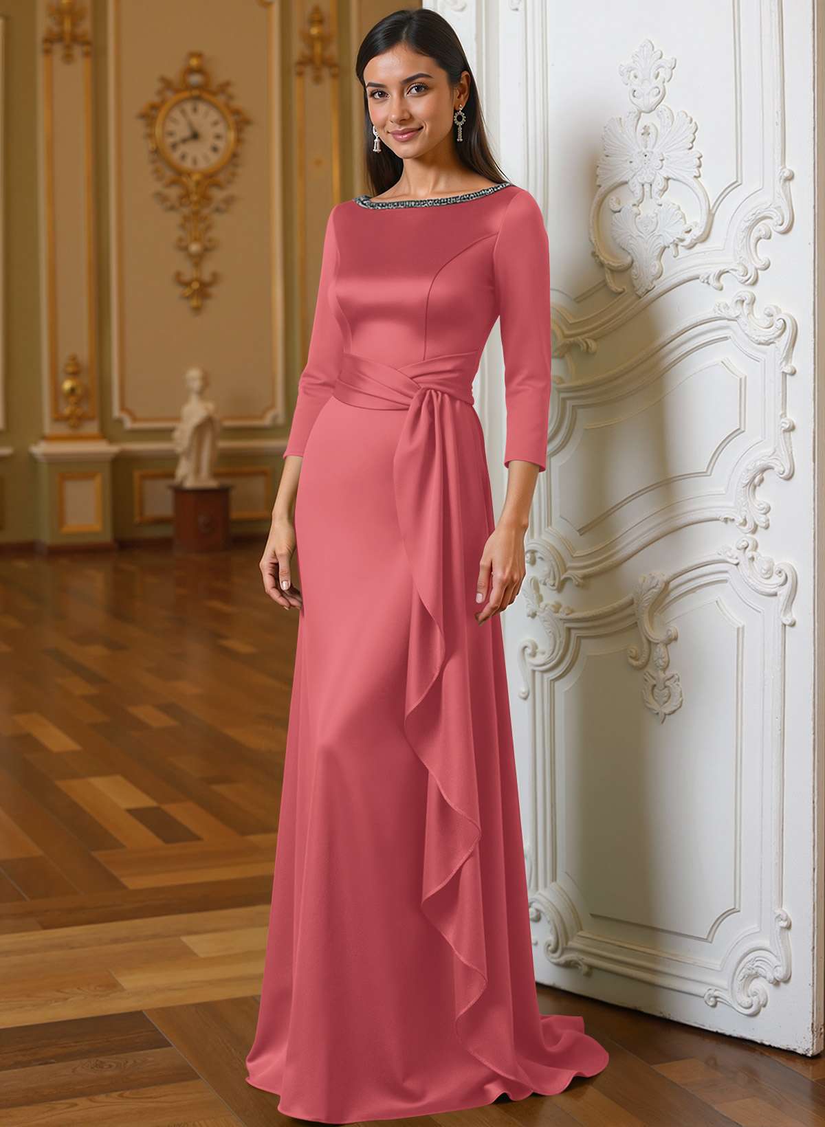 A-Line Scoop Neck 3/4 Sleeves Floor-Length Acetate Satin Mother Of The Bride Dresses