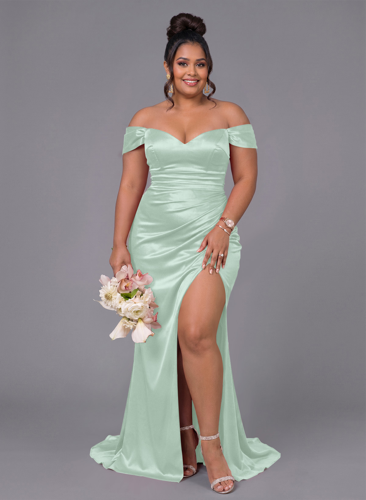 Trumpet/Mermaid Off-The-Shoulder Silk Like Satin Bridesmaid Dresses With Split Front, product image 216