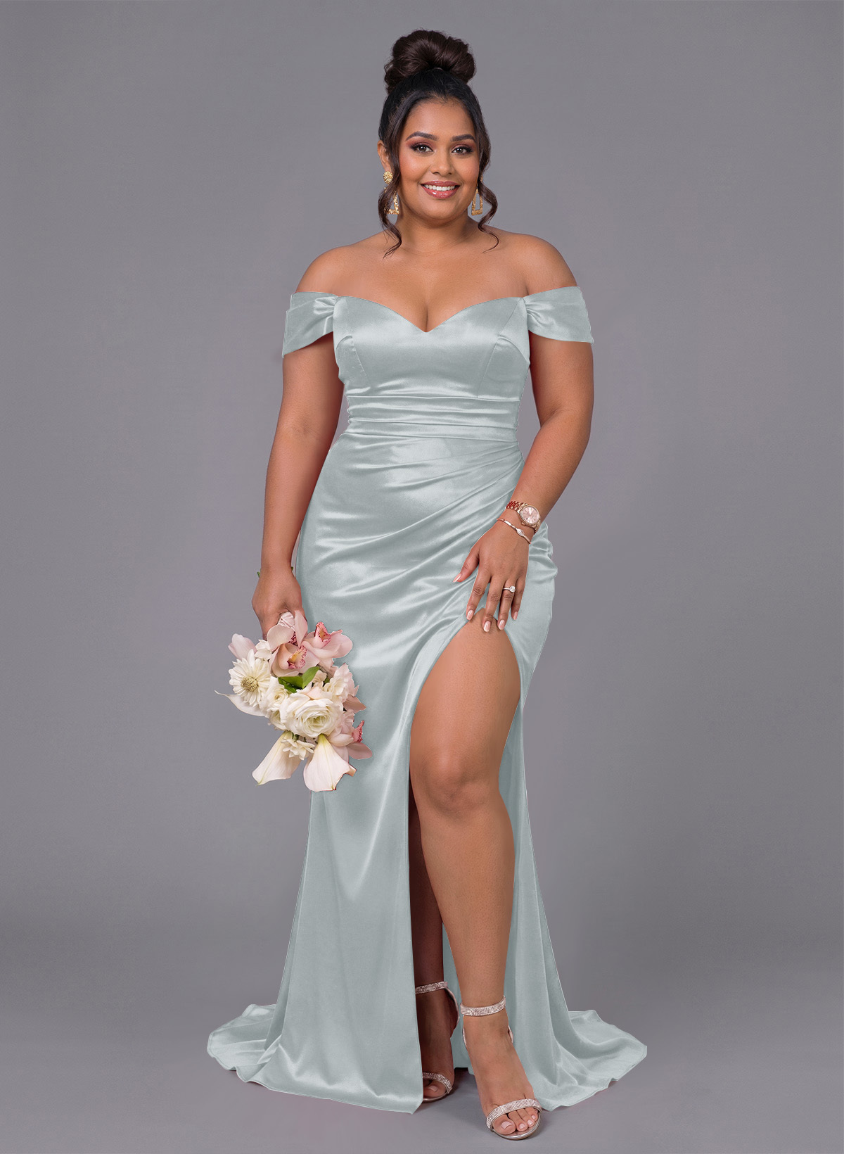 Trumpet/Mermaid Off-The-Shoulder Silk Like Satin Bridesmaid Dresses With Split Front, product image 234
