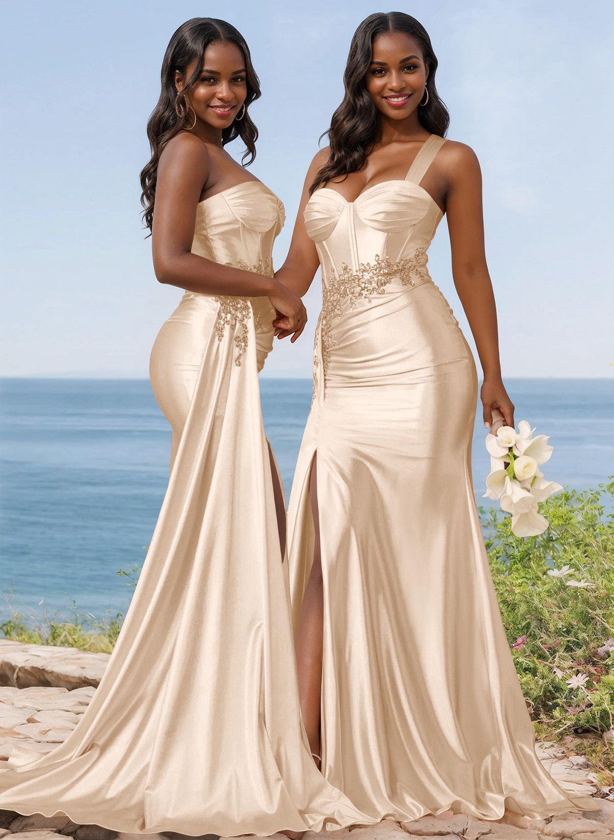 Trumpet/Mermaid Silk Like Satin Bridesmaid Dresses With High Split in Rose Gold, US2