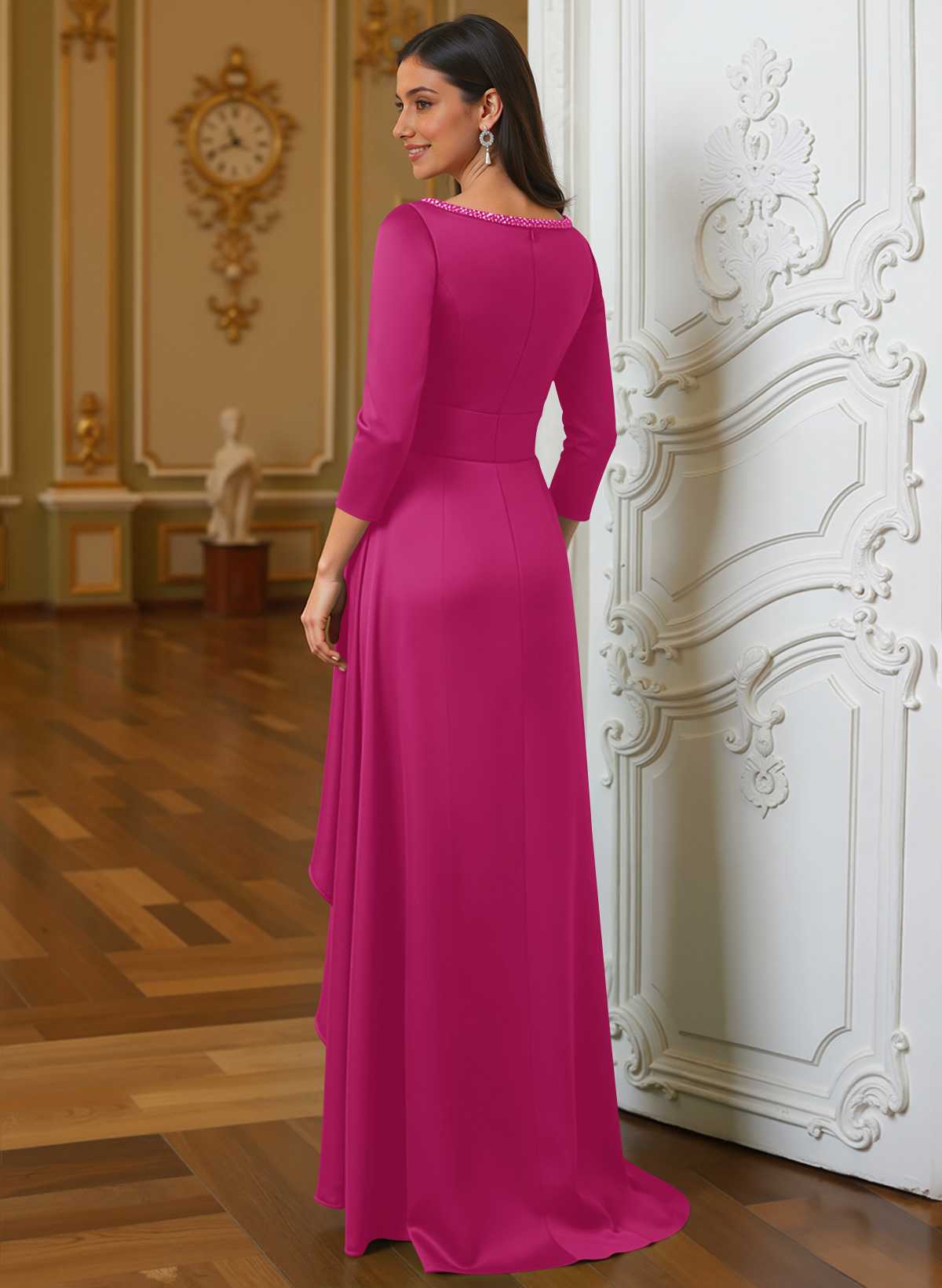 A-Line Scoop Neck 3/4 Sleeves Floor-Length Acetate Satin Mother Of The Bride Dresses