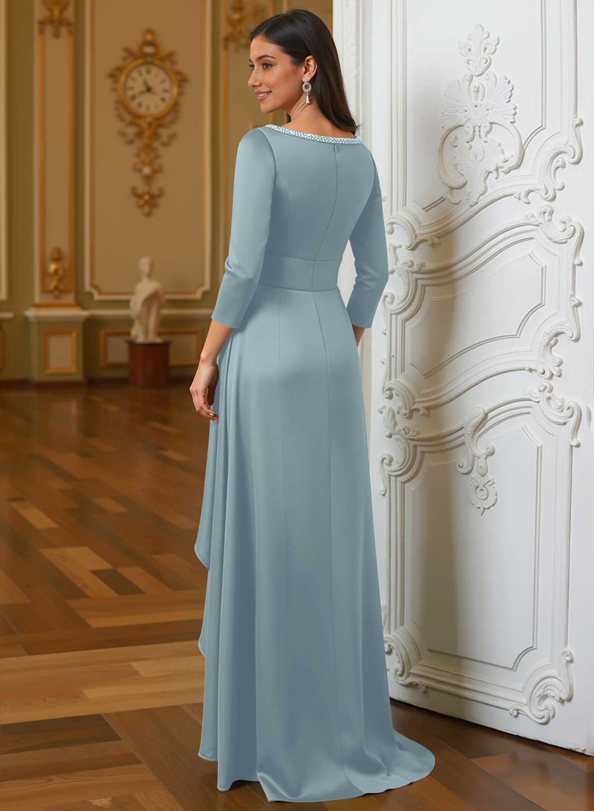A-Line Scoop Neck 3/4 Sleeves Floor-Length Acetate Satin Mother Of The Bride Dresses