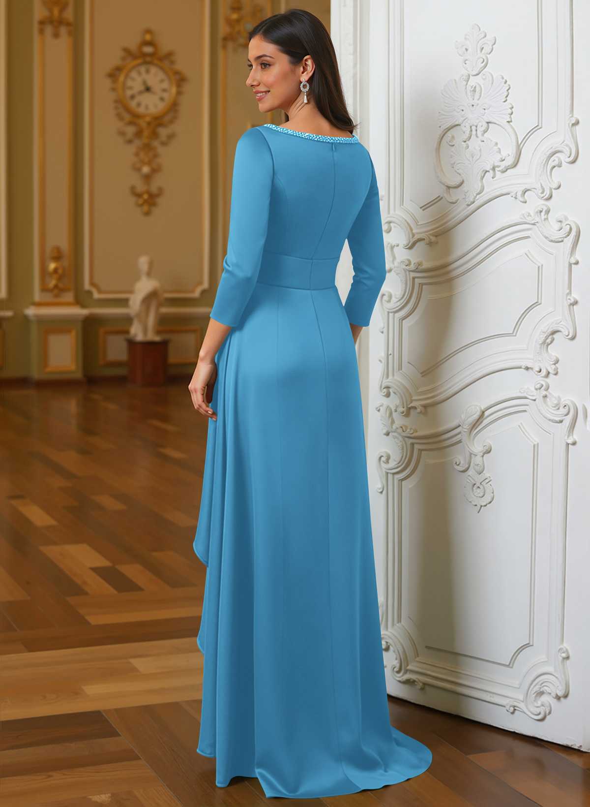 A-Line Scoop Neck 3/4 Sleeves Floor-Length Acetate Satin Mother Of The Bride Dresses