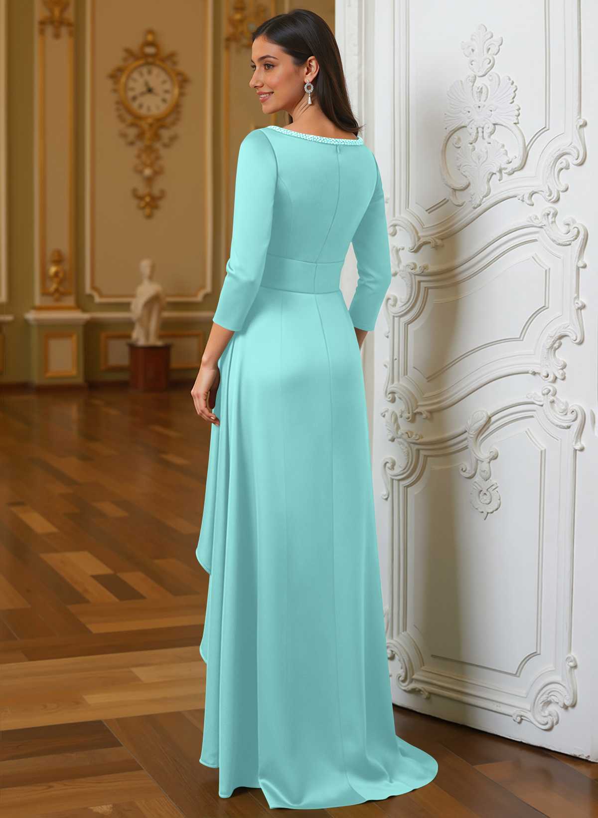 A-Line Scoop Neck 3/4 Sleeves Floor-Length Acetate Satin Mother Of The Bride Dresses
