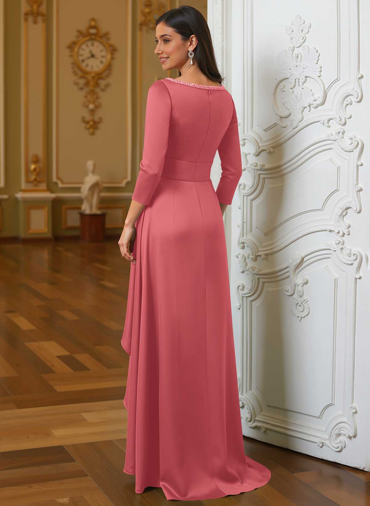 A-Line Scoop Neck 3/4 Sleeves Floor-Length Acetate Satin Mother Of The Bride Dresses