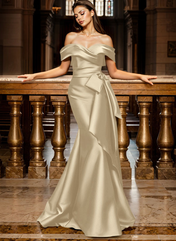 Trumpet/Mermaid Off-The-Shoulder Sleeveless Sweep Train Satin Bridesmaid Dresses, product image 103