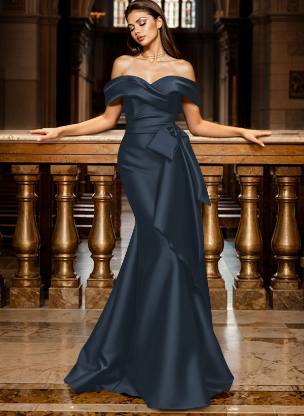 Trumpet/Mermaid Off-The-Shoulder Sleeveless Sweep Train Satin Bridesmaid Dresses, product image 4