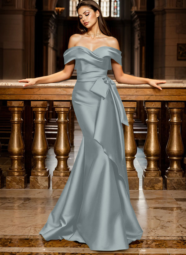 Trumpet/Mermaid Off-The-Shoulder Sleeveless Sweep Train Satin Bridesmaid Dresses, product image 8