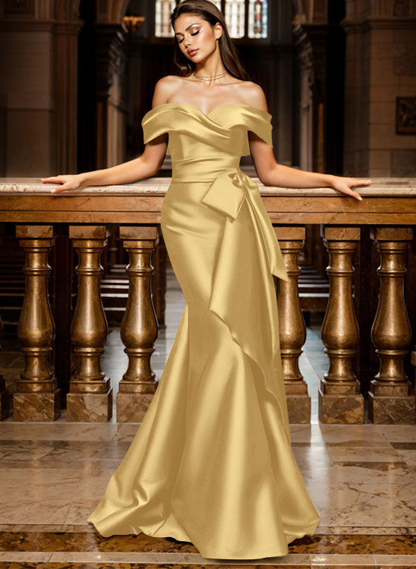 Trumpet/Mermaid Off-The-Shoulder Sleeveless Sweep Train Satin Bridesmaid Dresses, product image 110