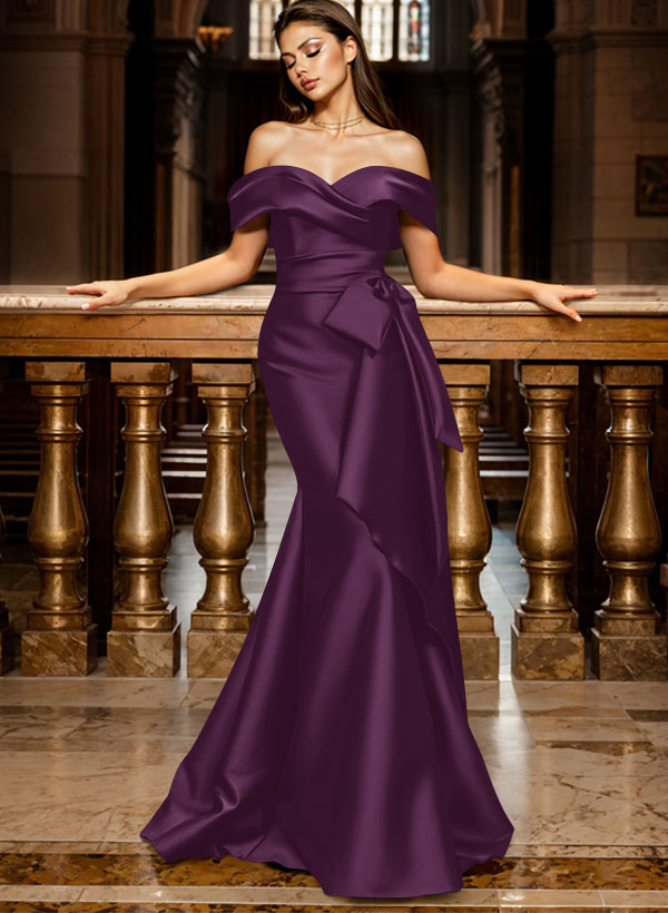 Trumpet/Mermaid Off-The-Shoulder Sleeveless Sweep Train Satin Bridesmaid Dresses, product image 77