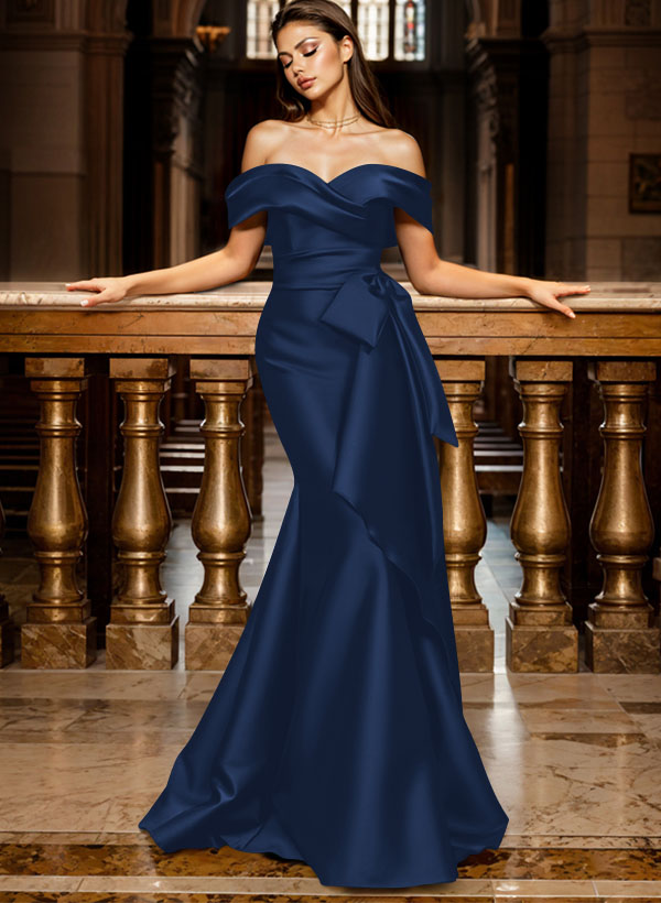 Trumpet/Mermaid Off-The-Shoulder Sleeveless Sweep Train Satin Bridesmaid Dresses, product image 6