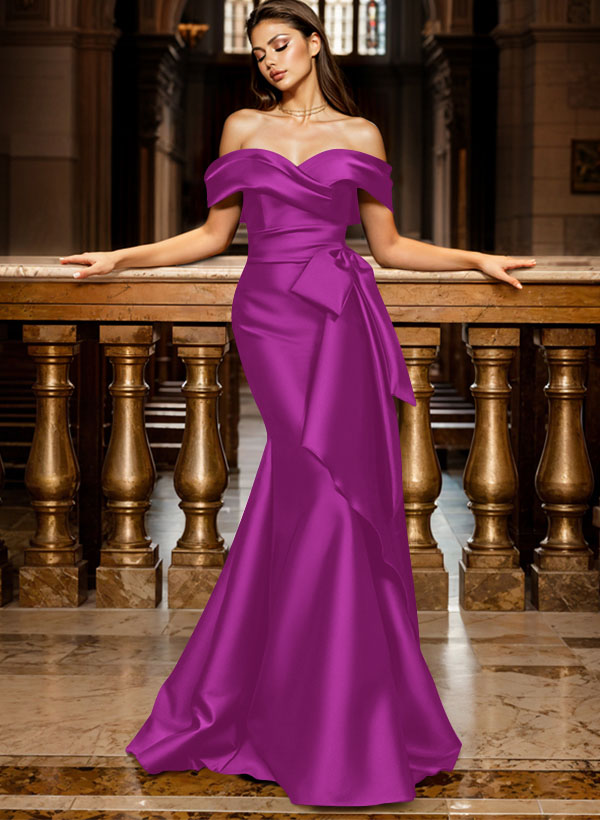Trumpet/Mermaid Off-The-Shoulder Sleeveless Sweep Train Satin Bridesmaid Dresses, product image 79