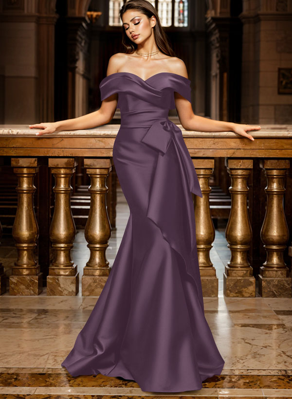 Trumpet/Mermaid Off-The-Shoulder Sleeveless Sweep Train Satin Bridesmaid Dresses, product image 132