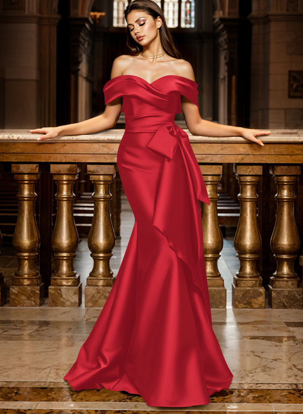 Trumpet/Mermaid Off-The-Shoulder Sleeveless Sweep Train Satin Bridesmaid Dresses, product image 37