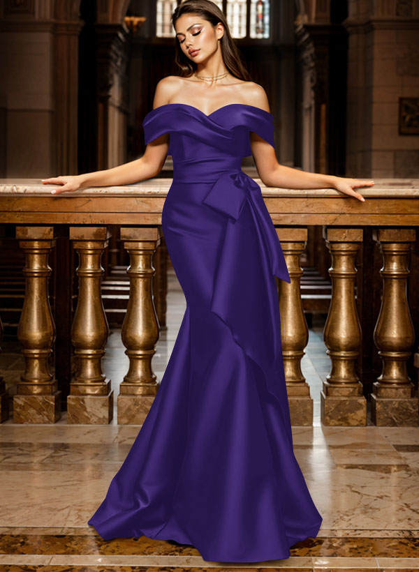 Trumpet/Mermaid Off-The-Shoulder Sleeveless Sweep Train Satin Bridesmaid Dresses, product image 83