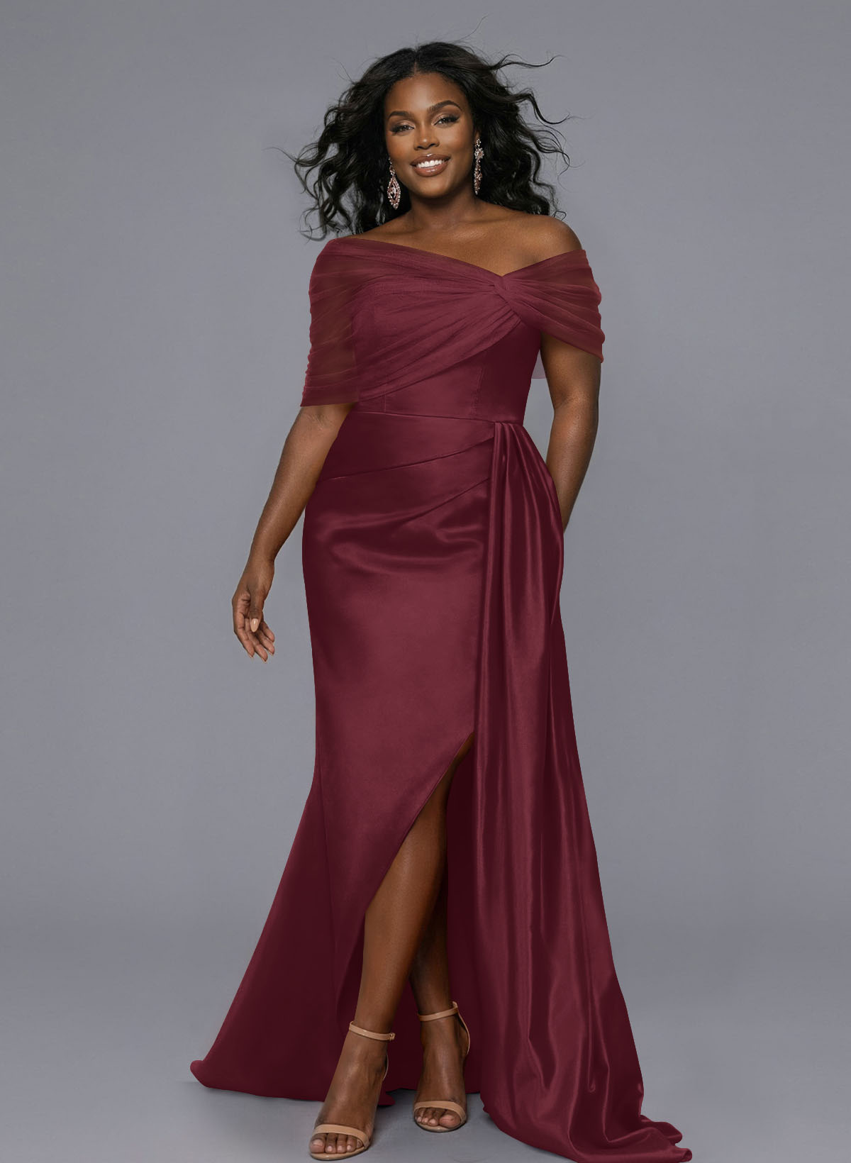 Elegant Tulle Asymmetrical Neckline Satin Bridesmaid Dresses With Split Front/Sweeping Side Drape, product image 247