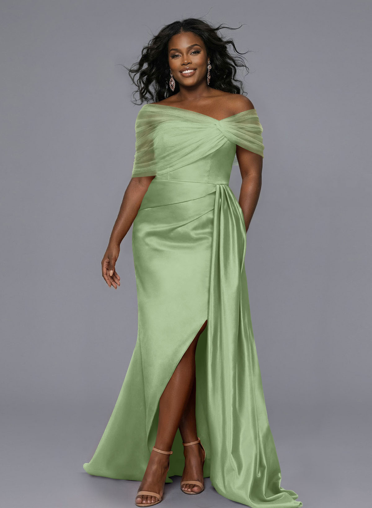 Elegant Tulle Asymmetrical Neckline Satin Bridesmaid Dresses With Split Front/Sweeping Side Drape, product image 189