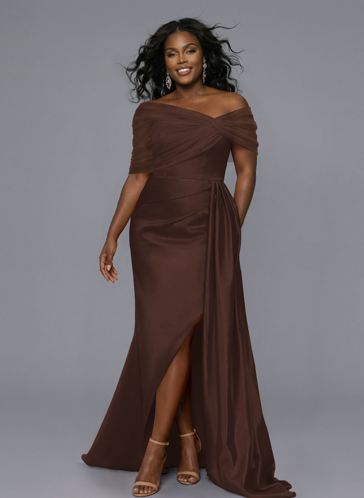 Elegant Tulle Asymmetrical Neckline Satin Bridesmaid Dresses With Split Front/Sweeping Side Drape, product image 169