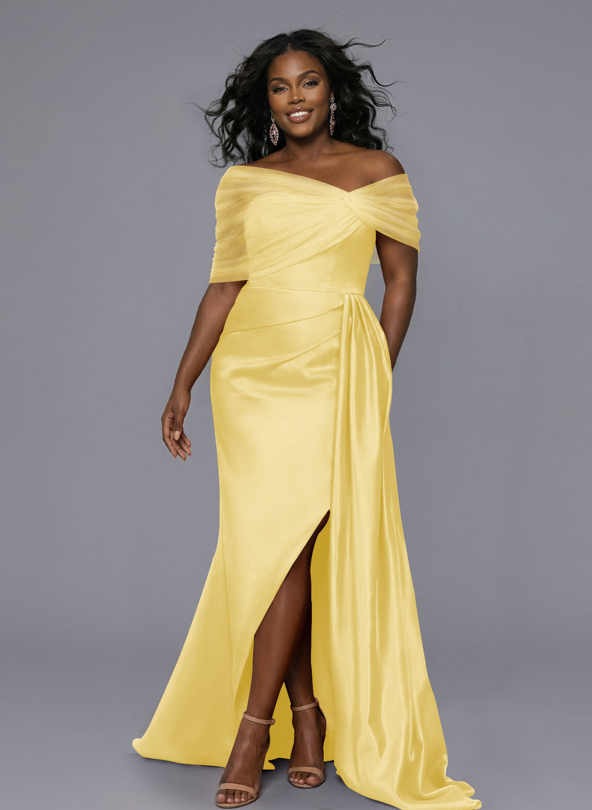 Elegant Tulle Asymmetrical Neckline Satin Bridesmaid Dresses With Split Front/Sweeping Side Drape, product image 177