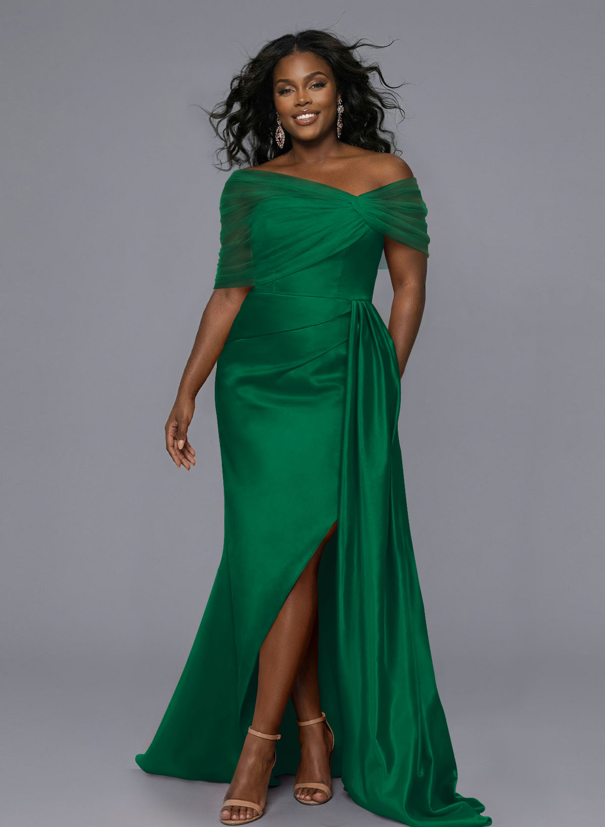 Elegant Tulle Asymmetrical Neckline Satin Bridesmaid Dresses With Split Front/Sweeping Side Drape, product image 197