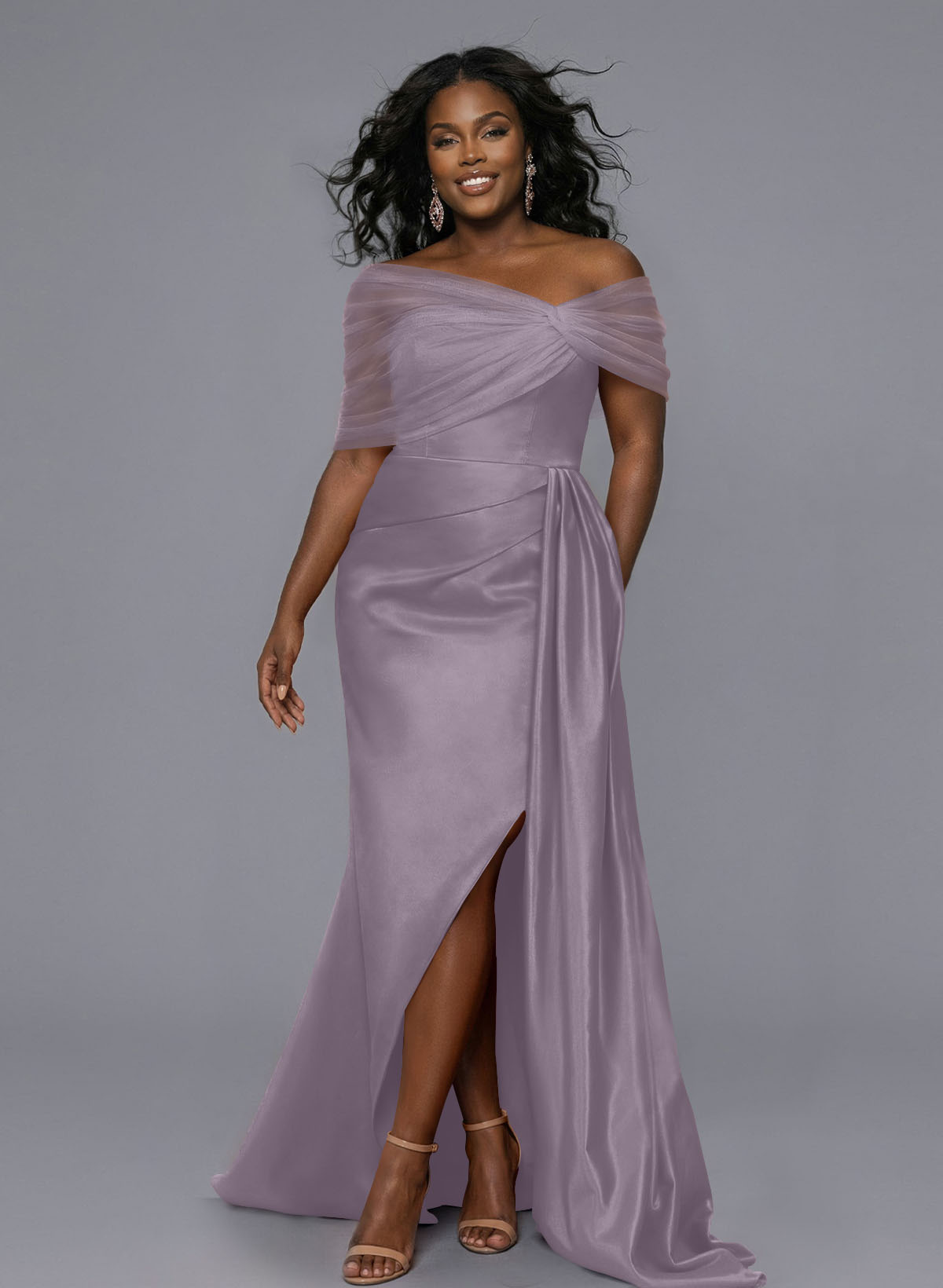 Elegant Tulle Asymmetrical Neckline Satin Bridesmaid Dresses With Split Front/Sweeping Side Drape, product image 219