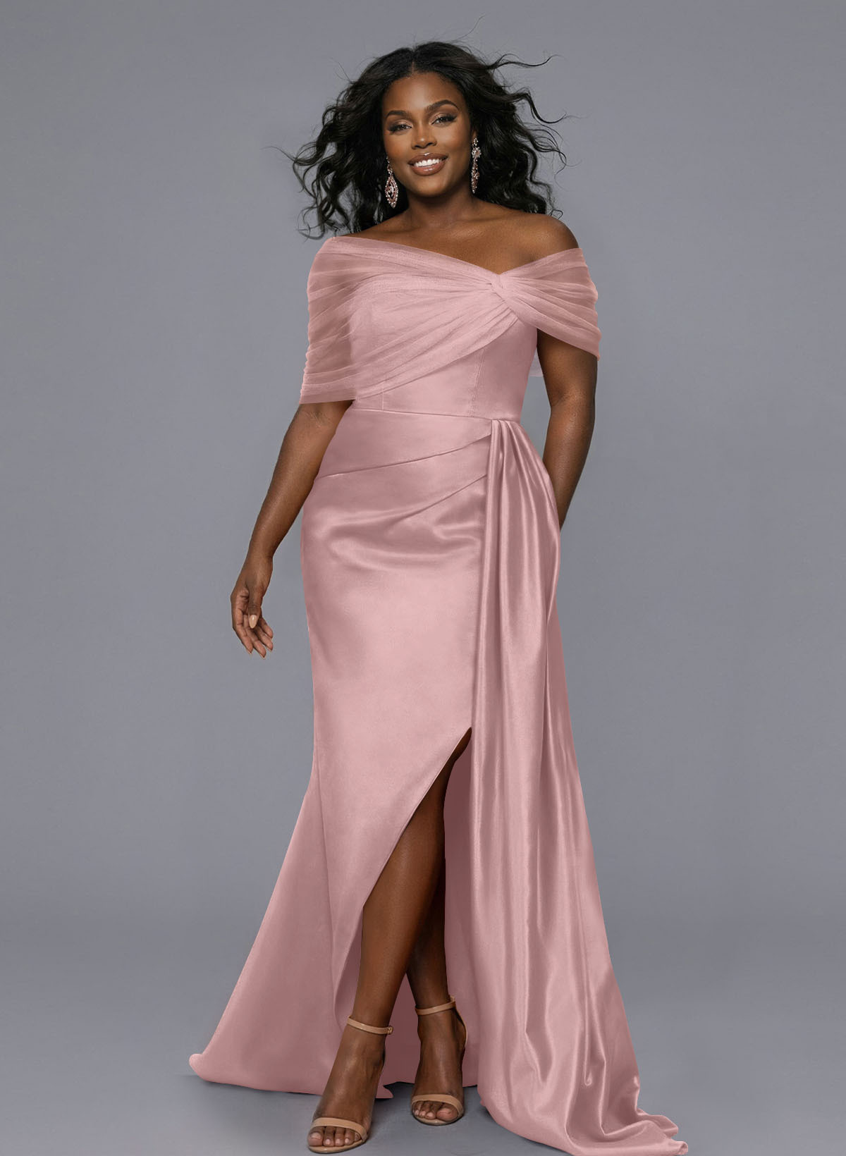 Elegant Tulle Asymmetrical Neckline Satin Bridesmaid Dresses With Split Front/Sweeping Side Drape, product image 233